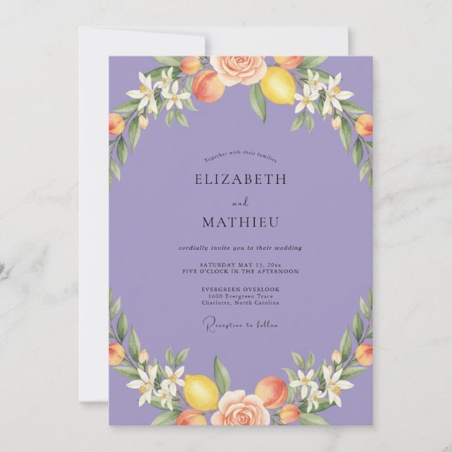 Invitación Boda de Eucalipto Melocotón Cítrico Periwinkle (Anverso)