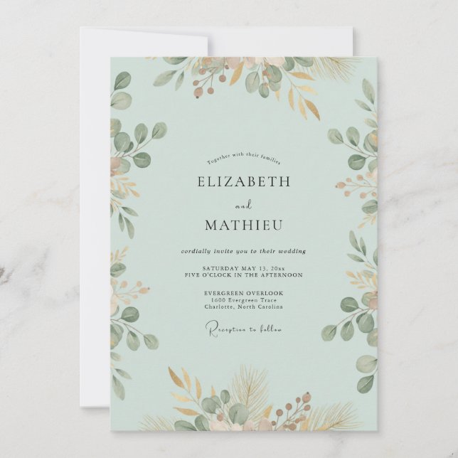 Invitación Boda de Eucalipto Melocotón Espuma de Mar (Anverso)