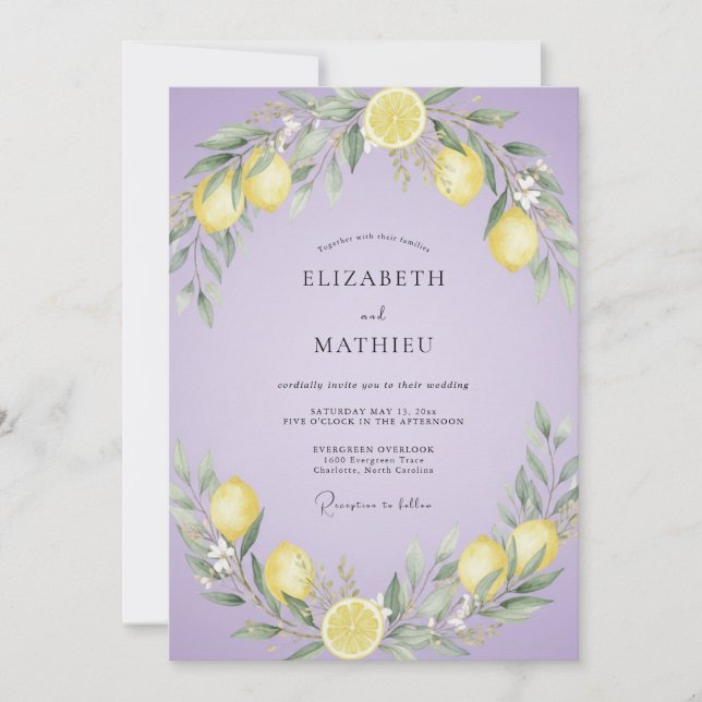 Invitación Boda de Eucalipto Mutedado con Citricos de Limón y (Anverso)