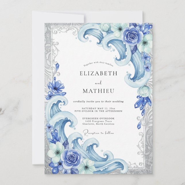 Invitación Boda de Eucalipto Ola Costera de Centaurea (Anverso)