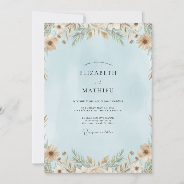 Invitación Boda de eucalipto Pampas Cielo Pálido (Anverso)
