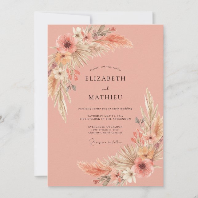 Invitación Boda de eucalipto Pampas de coral (Anverso)