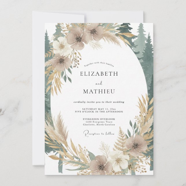 Invitación Boda de eucalipto Pampas Gris Terroso (Anverso)