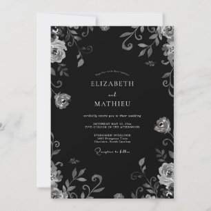 Invitación Boda de Eucalipto Pergamino Plateado Negro