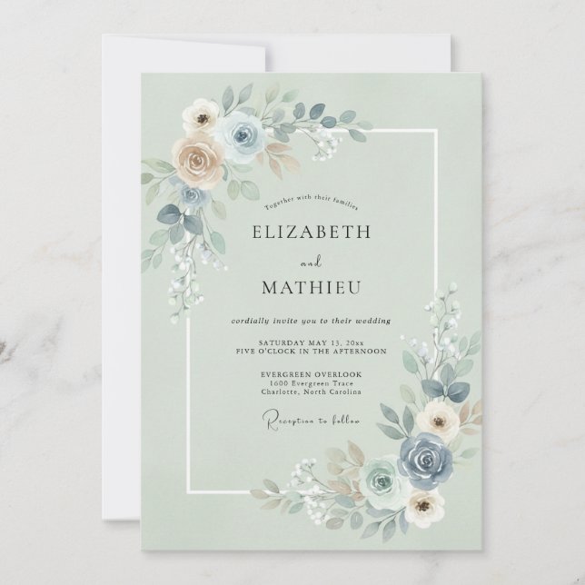 Invitación Boda de eucalipto pizarra espuma de mar (Anverso)