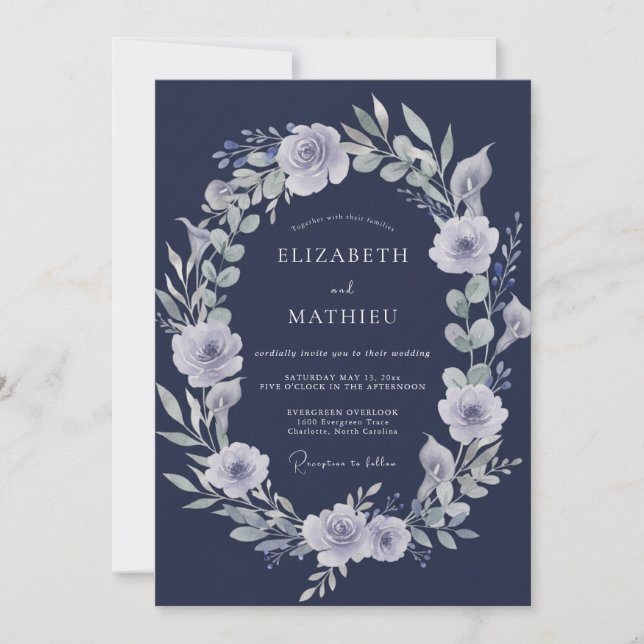 Invitación Boda de eucalipto plateado índigo (Anverso)