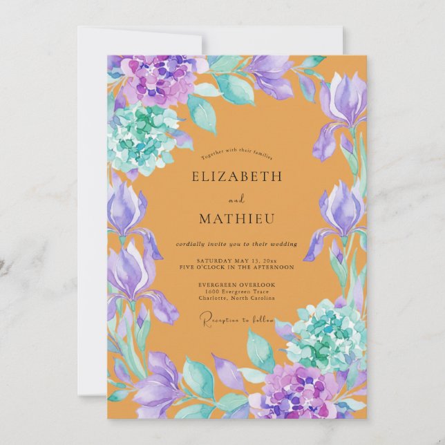 Invitación Boda de Eucalipto Púrpura Iris Ámbar (Anverso)