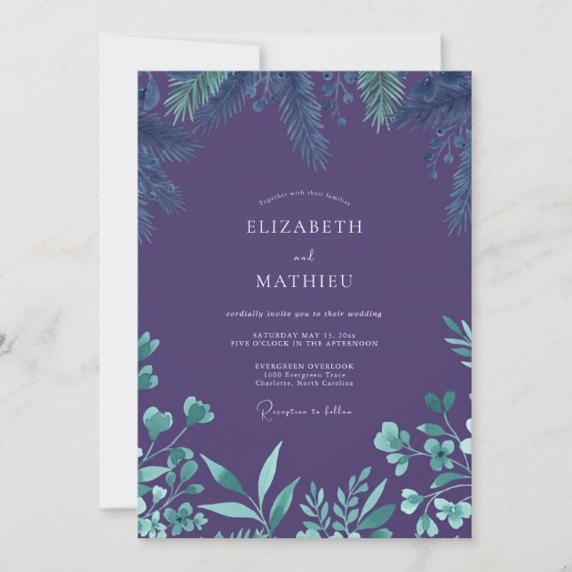 Invitación Boda de Eucalipto Púrpura Profundo (Anverso)