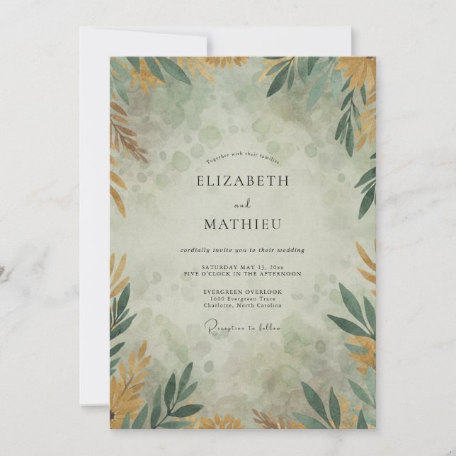 Invitación Boda de Eucalipto Rama Dorada Ocra (Anverso)