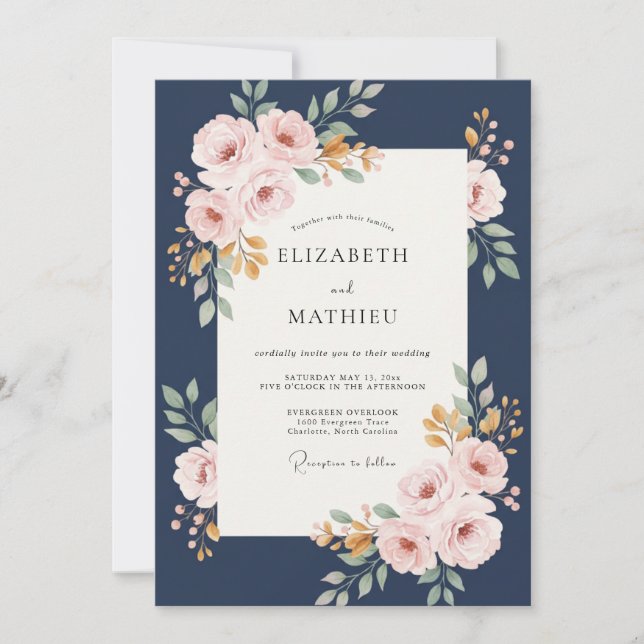 Invitación Boda de eucalipto ramo de oro de la marina (Anverso)