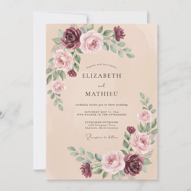 Invitación Boda de Eucalipto Ranúnculo Malva Suave Ciruela (Anverso)