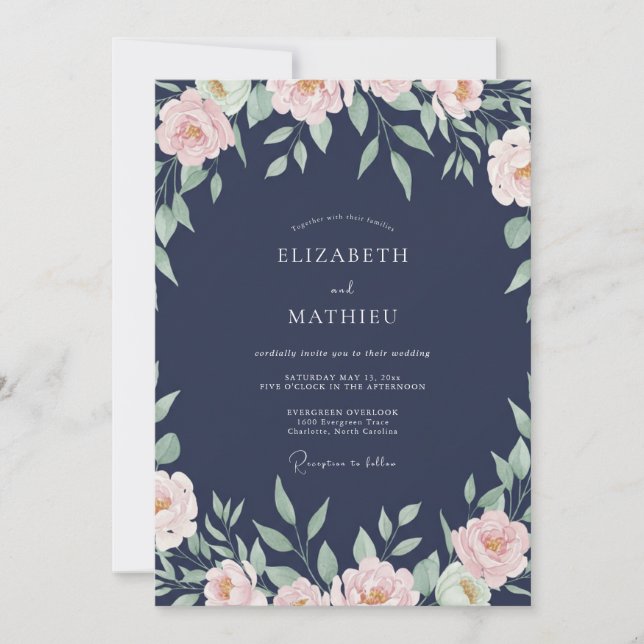 Invitación Boda de eucalipto ranúnculo melocotón naval (Anverso)