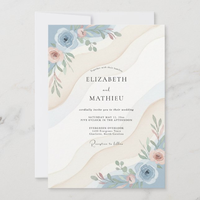 Invitación Boda de Eucalipto Ranunculus Azul Acero (Anverso)