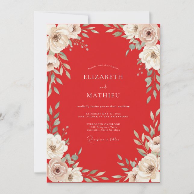Invitación Boda de Eucalipto Ranunculus Escarlata (Anverso)
