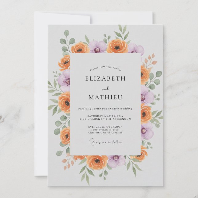 Invitación Boda de Eucalipto Ranunculus Lila Naranja (Anverso)