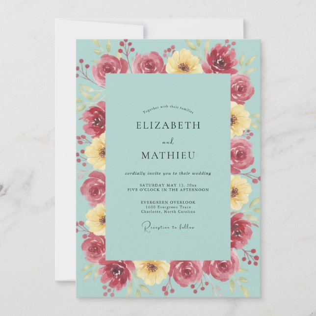 Invitación Boda de Eucalipto Ranunculus Magenta Espuma de Mar (Anverso)