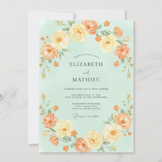 Invitación Boda de Eucalipto Ranunculus Naranja Celadón (Anverso)