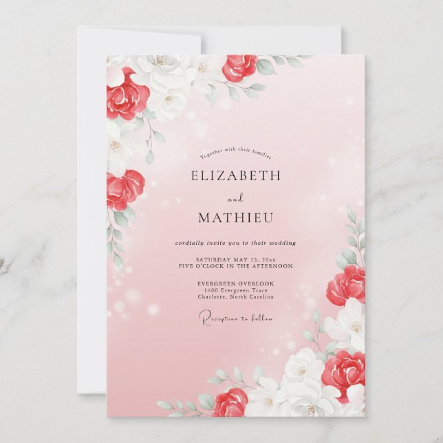 Invitación Boda de Eucalipto Ranunculus Rojo Coral (Anverso)
