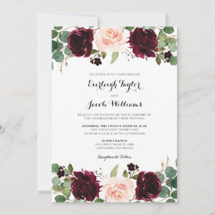 Invitación Boda de eucalipto rosa de color rojo burdeos de Ru
