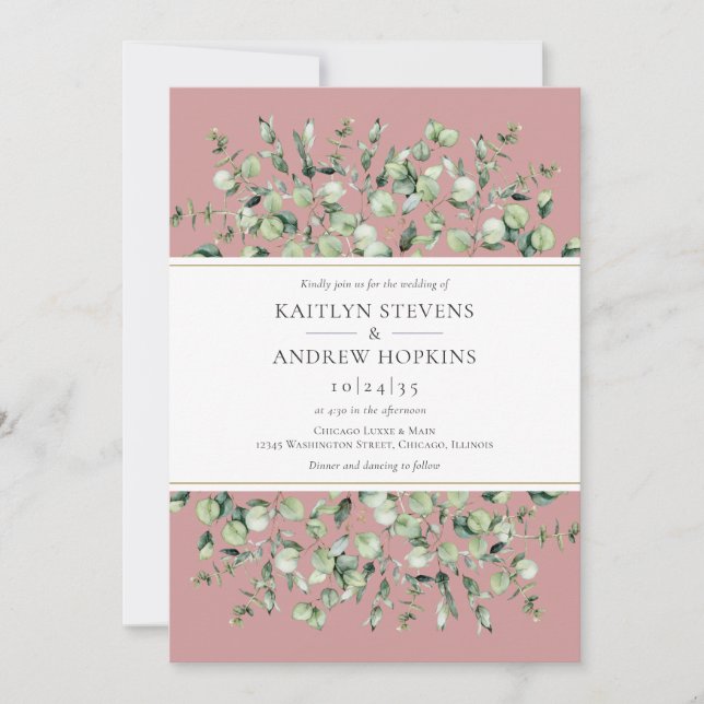 Invitación Boda de Eucalipto Rosa Rubor (Anverso)