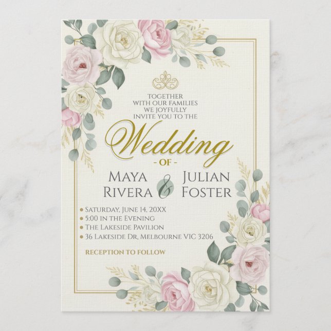 Invitación Boda de Eucalipto Rosa Suave y Verde Salvia (Anverso)