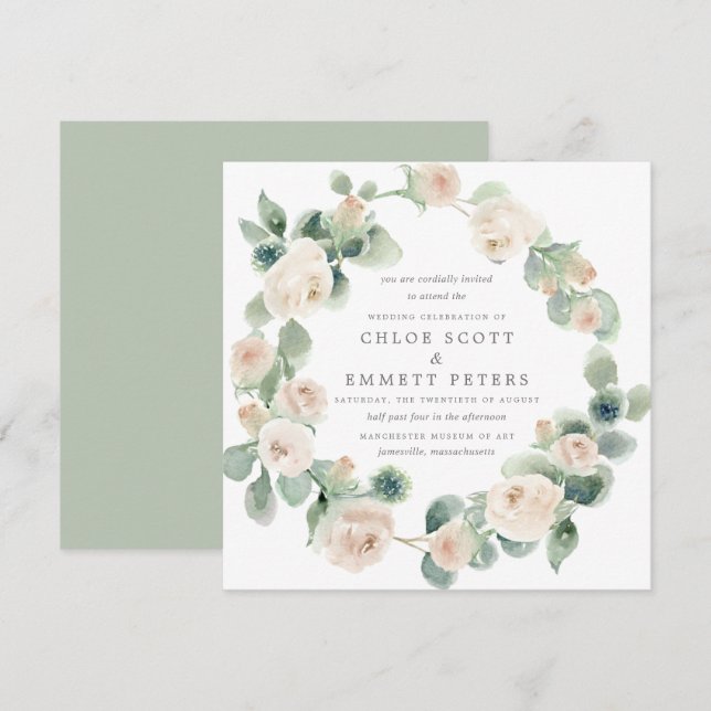 Invitación Boda de Eucalipto Rústico Floral de Rosa Blanca (Anverso / Reverso)