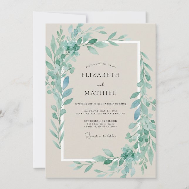 Invitación Boda de eucalipto silenciado con follaje de espuma (Anverso)
