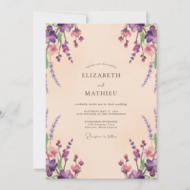 Invitación Boda de Eucalipto Sprig Lavanda Melocotón (Anverso)