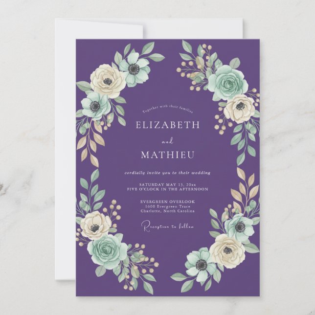 Invitación Boda de eucalipto suave con follaje de menta viole (Anverso)