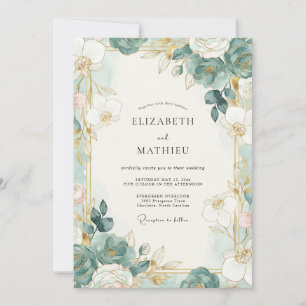 Invitación Boda de eucalipto suave con follaje dorado espuma