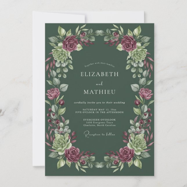 Invitación Boda de Eucalipto Suculento Ciruela del Bosque (Anverso)