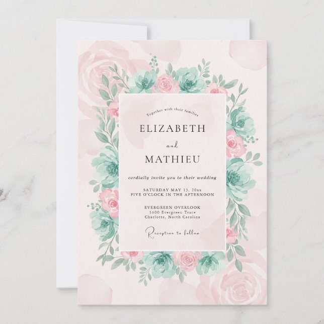 Invitación Boda de eucalipto suculento con rubor de espuma de (Anverso)