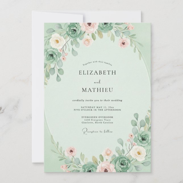Invitación Boda de Eucalipto Suculento con Toque de Rosa (Anverso)
