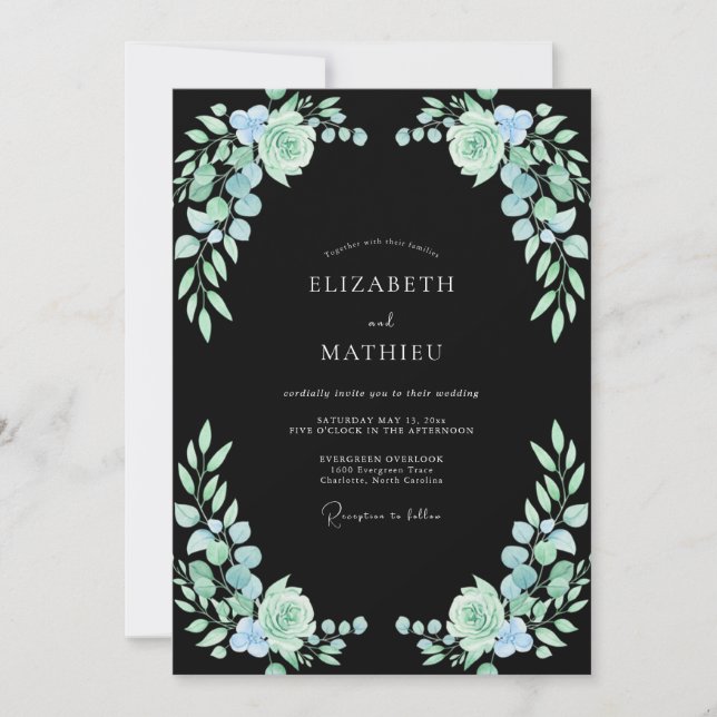 Invitación Boda de eucalipto suculento de espuma de mar negra (Anverso)