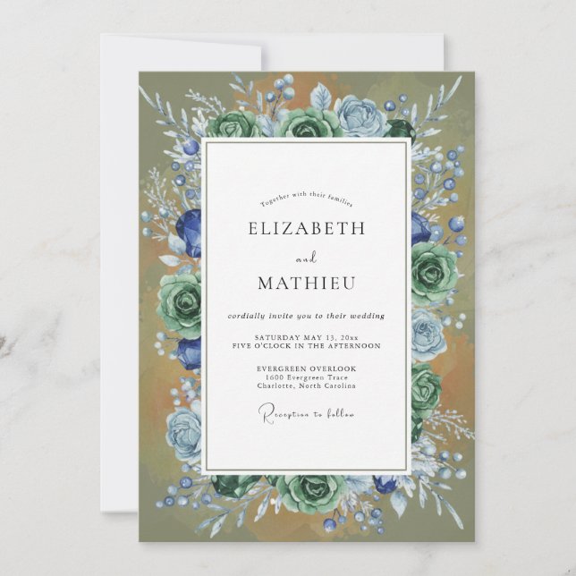 Invitación Boda de eucalipto suculento de oliva azur (Anverso)