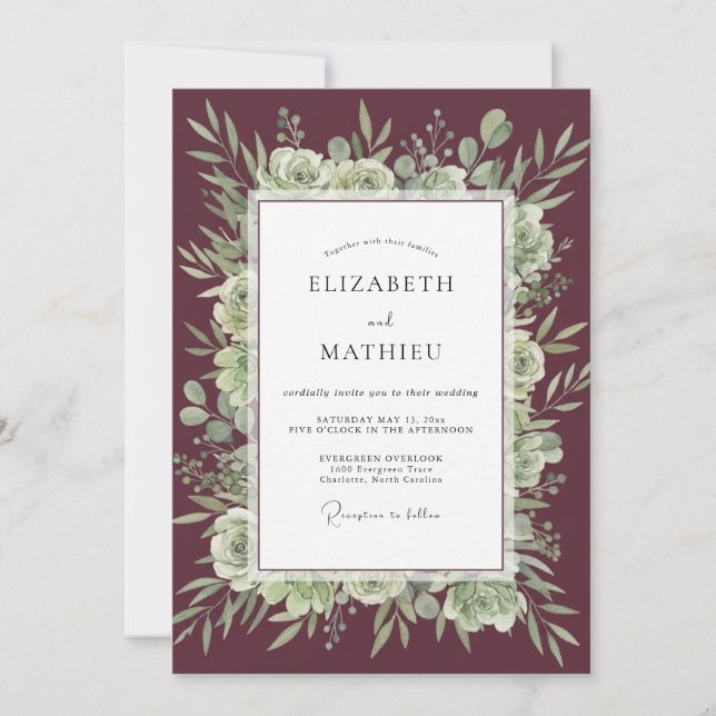 Invitación Boda de eucalipto suculento granate (Anverso)