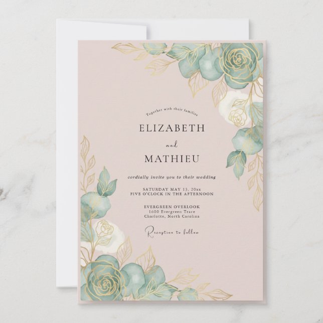 Invitación Boda de Eucalipto Suculento Menta Rosado (Anverso)