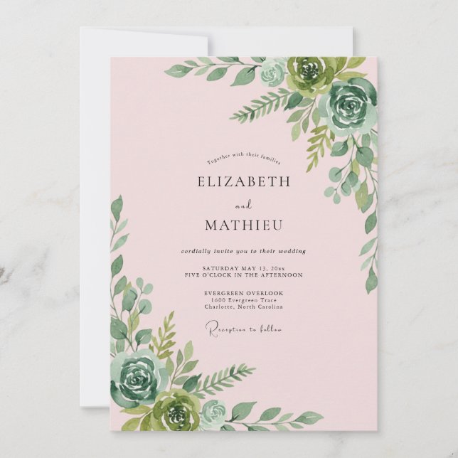 Invitación Boda de eucalipto suculento rosa pálido suave (Anverso)