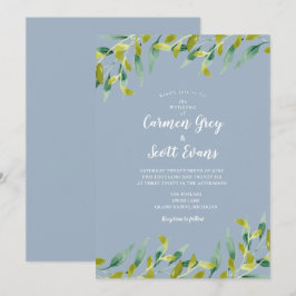 Invitación Boda de Eucalipto Verde Acuarela Azul Polvoriento