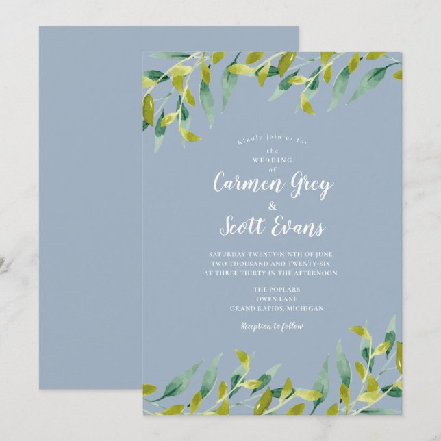 Invitación Boda de Eucalipto Verde Acuarela Azul Polvoriento (Anverso / Reverso)