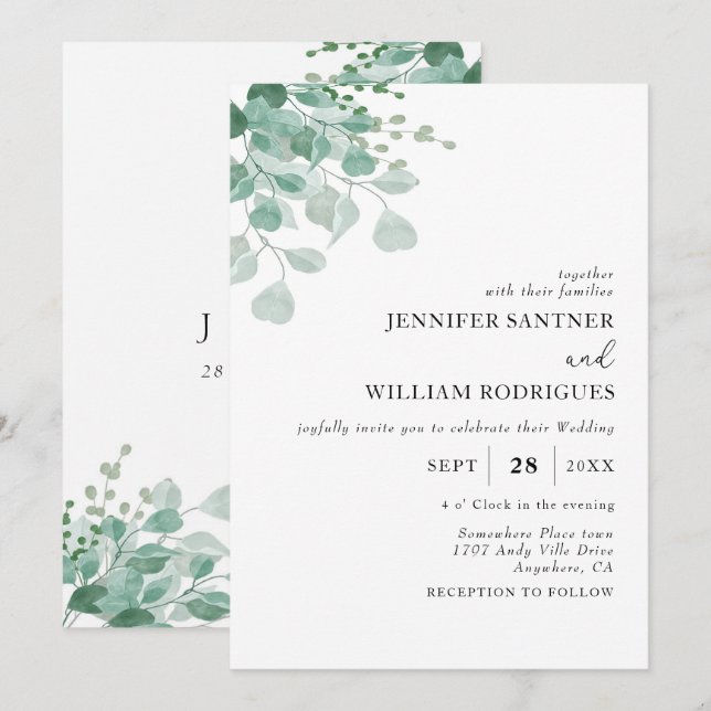 Invitación Boda de eucalipto verde acuarela de presupuesto (Anverso / Reverso)