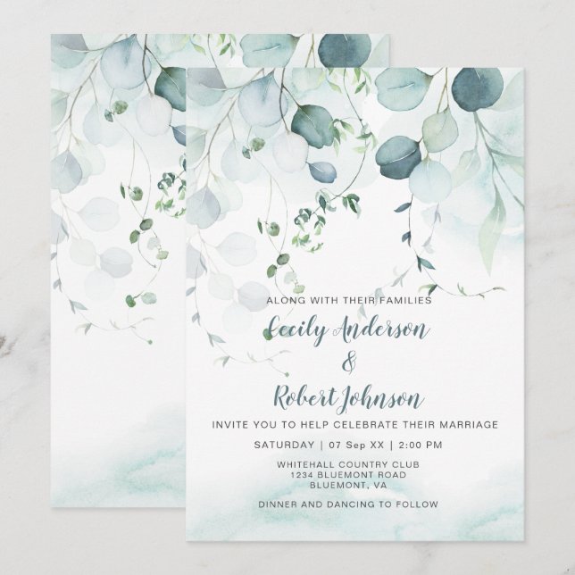 Invitación Boda de eucalipto verde azul y sabio (Anverso / Reverso)