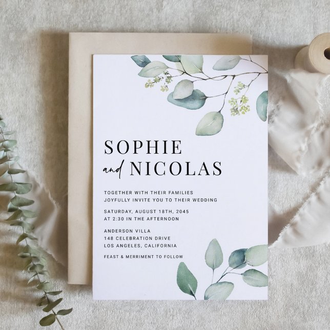Invitación Boda de eucalipto verde de color de agua (Watercolor Sage Green Eucalyptus Wedding Invitation)