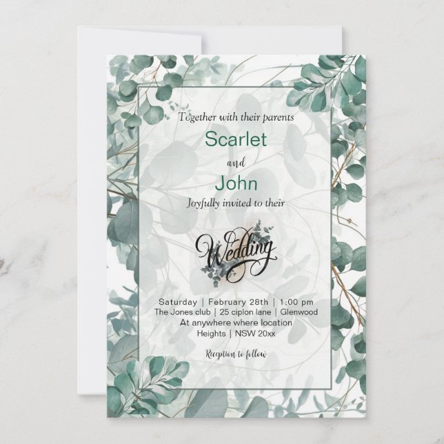 Invitación Boda de eucalipto verde de la salvia acuática mode (Anverso)