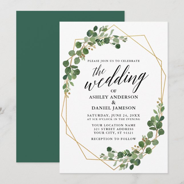 Invitación Boda de eucalipto verde geométrico botánico (Anverso / Reverso)