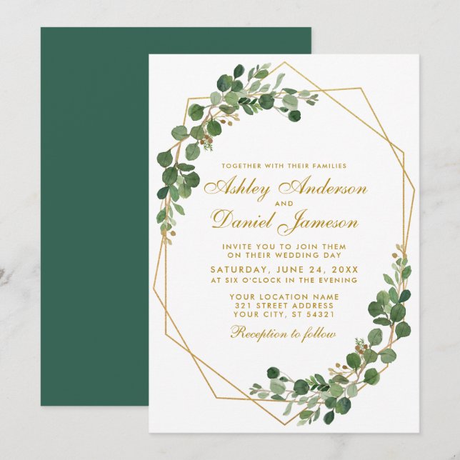 Invitación Boda de Eucalipto Verde Geométrico Botánico de Oro (Anverso / Reverso)