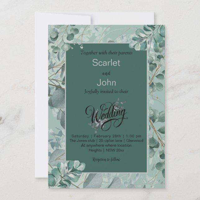 Invitación Boda de eucalipto verde verde de la salvia acuátic (Anverso)