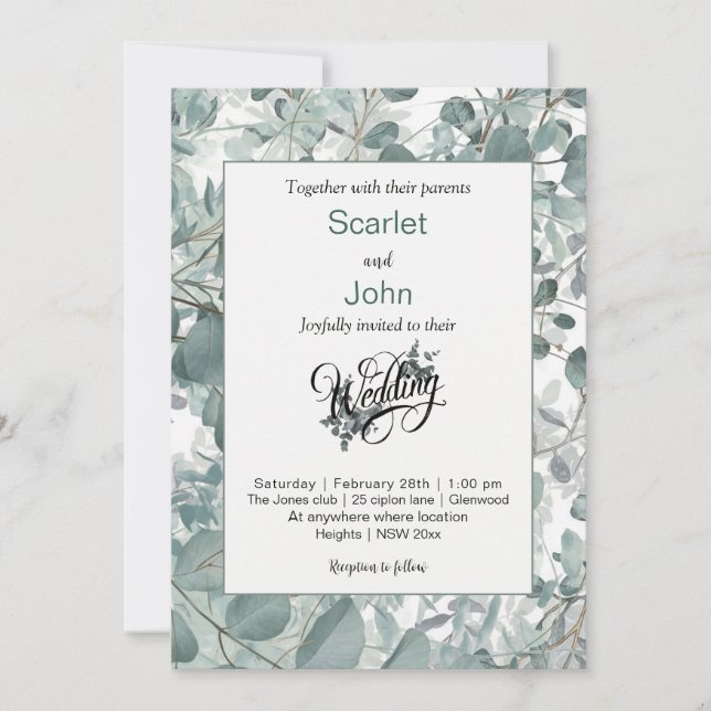 Invitación Boda de eucalipto verde verde de la salvia acuátic (Anverso)