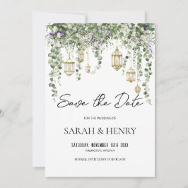 Invitación Boda de eucalipto verde y farolillo dorado