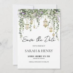 Invitación Boda de eucalipto verde y farolillo dorado